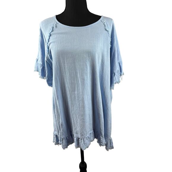 entro Tops - Entro Short Sleeve Light Blue Tunic Style with Fringed Ruffles  Size XL